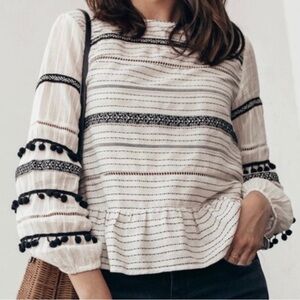 Zara Women’s Boho White & Black Long Sleeve Striped Blouse Size Large